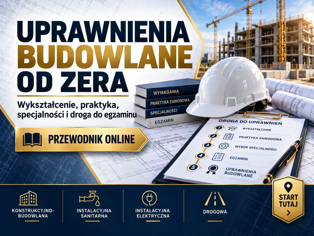 Przewodnik „Uprawnienia budowlane od zera” na ekranie tabletu