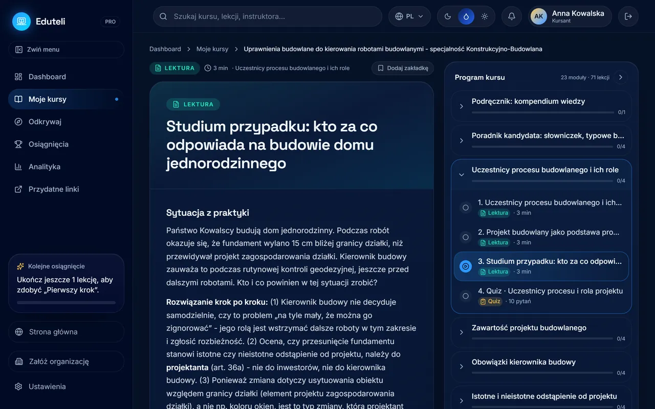Kurs egzaminacyjny na platformie Eduteli: lekcja i program kursu