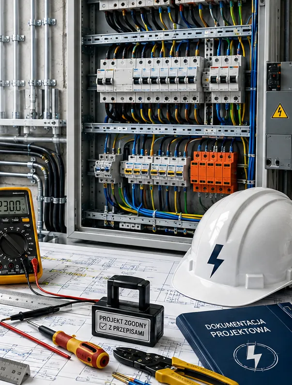 Rozdzielnica elektryczna, miernik i dokumentacja projektowa