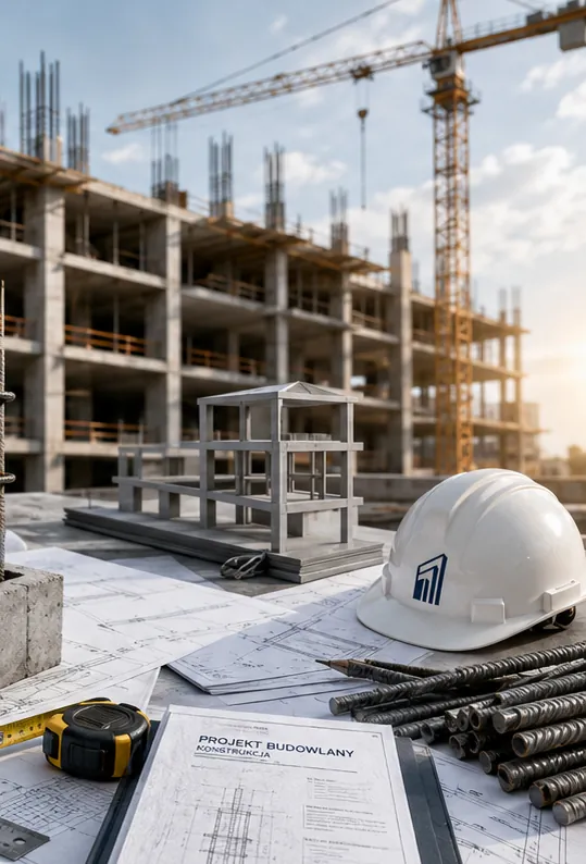 Szkielet budynku w budowie, kask i projekt konstrukcji